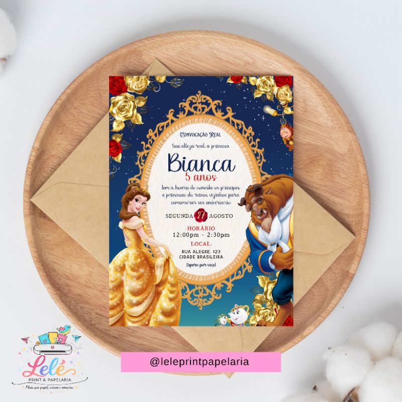 Convite para Aniversário Bela e a Fera com Envelope e Adesivo | Convite Personalizado da Bela e a Fera com Envelope