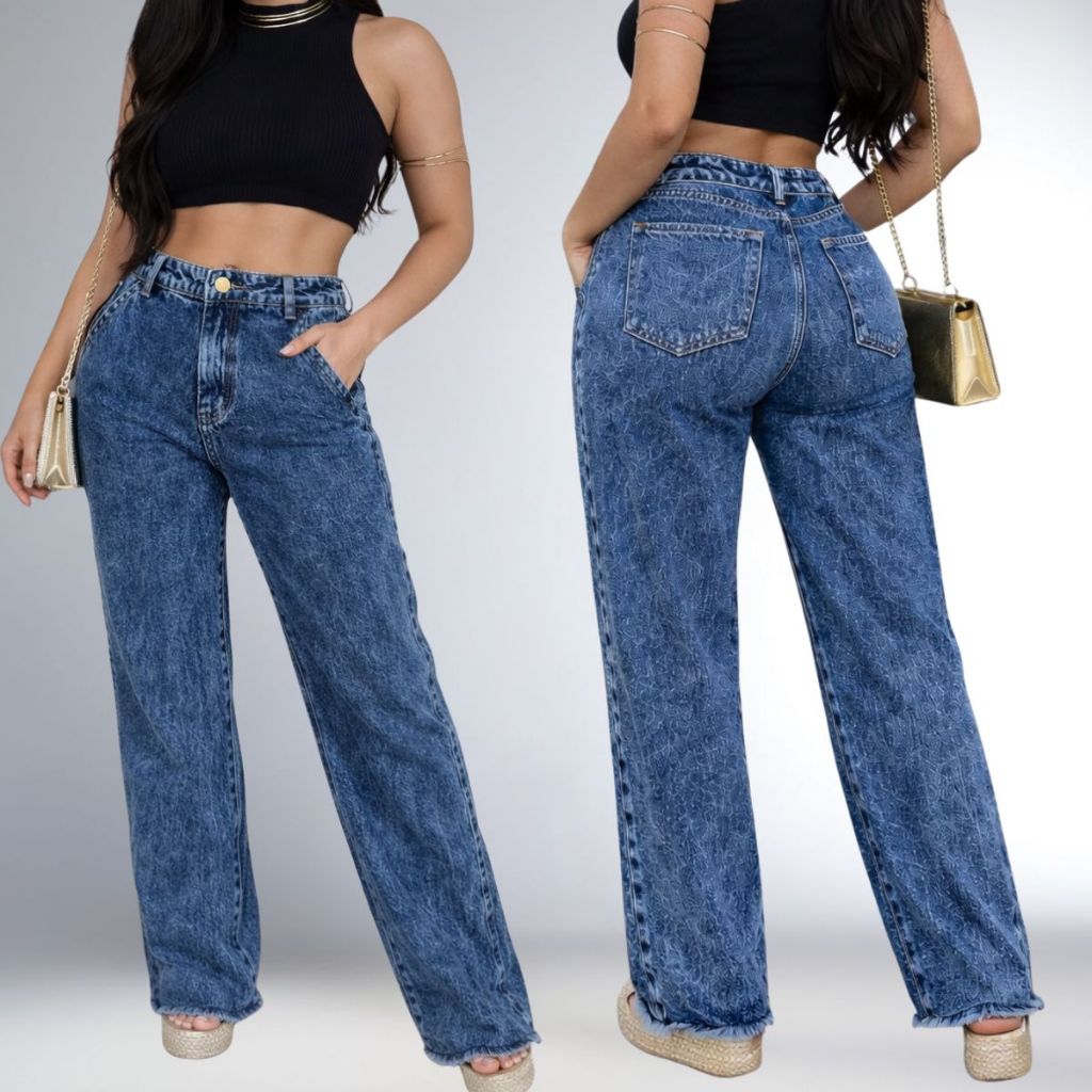 Calça Feminina Jeans Wide Leg Cintura Alta Pantalona Tecido 100% Algodão Cos Alto Sem Lycra Destroyed Marmorizada