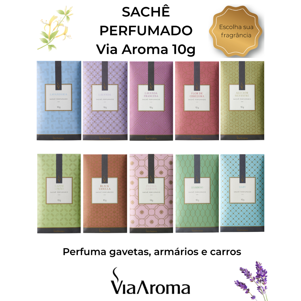 Sachê Perfumado Via Aroma 10g | Aromatizador Gaveta Armário Carro | Perfume para Ambiente em Oferta na Shopee