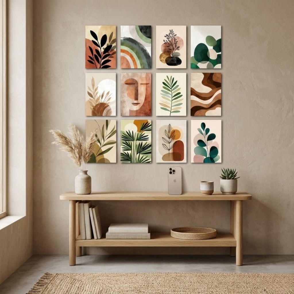Kit 12 Quadros Boho Decorativos Verde e Marrom em Madeira - Em Madeira já com Fita Adesiva - Moderno