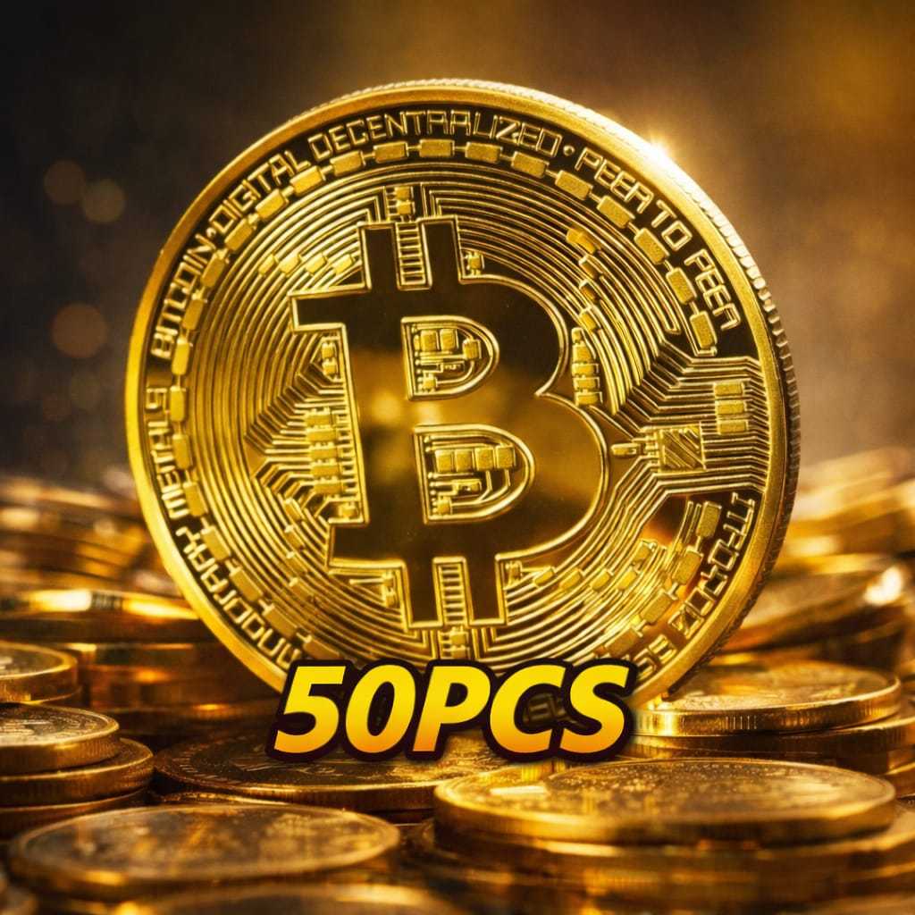 Kit 50 Moedas Bitcoin Douradas Decorativas – Colecionável Metal
