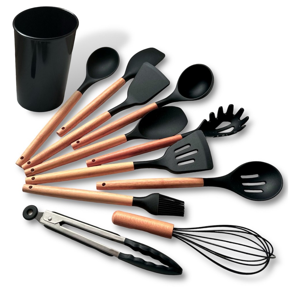 Kit 12 Utensílios De Cozinha Em Silicone Com Cabo De Madeira Aristus Resistentes Ao Calor duráveis