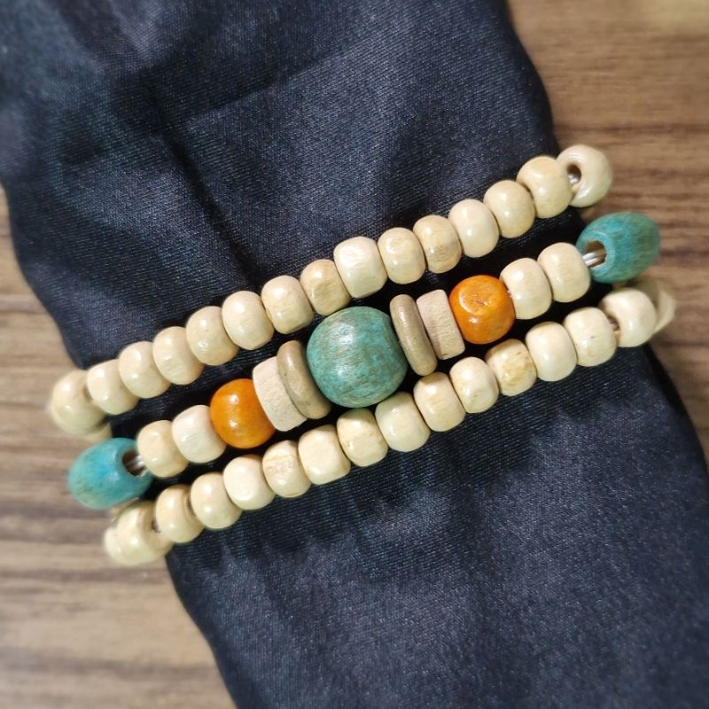Kit 3 pulseiras de contas de madeira natural Artesanal Boho Hippie
