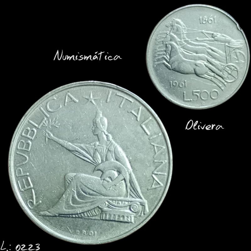 L.: 0223 - Moeda antiga Italia prata comemorativa 500 liras 1961.