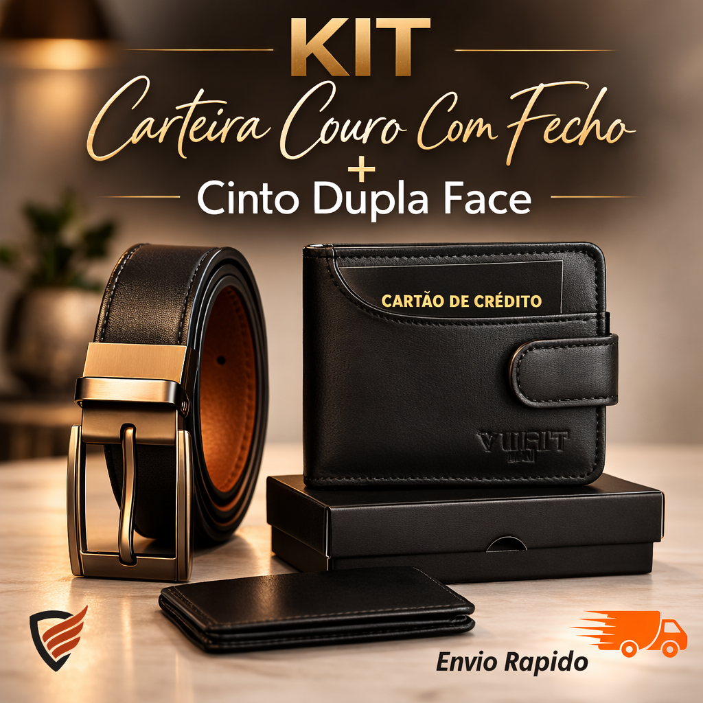 Carteira Masculina 100% Couro com Fecho + Cinto Social Dupla Face com Fivela Giratória | Presente