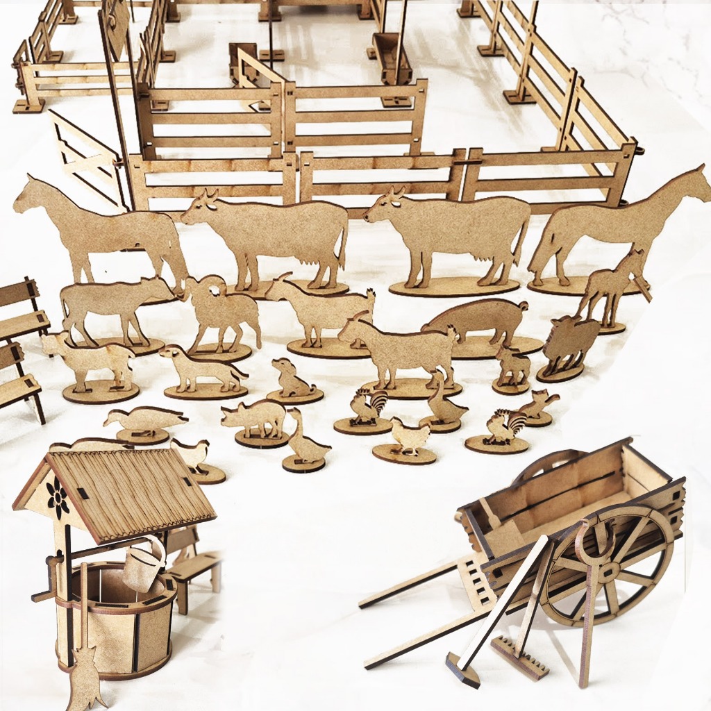 Kit Bichinhos de Fazenda, Carrocinha e Pocinho para Fazendinha MDF Corte Laser