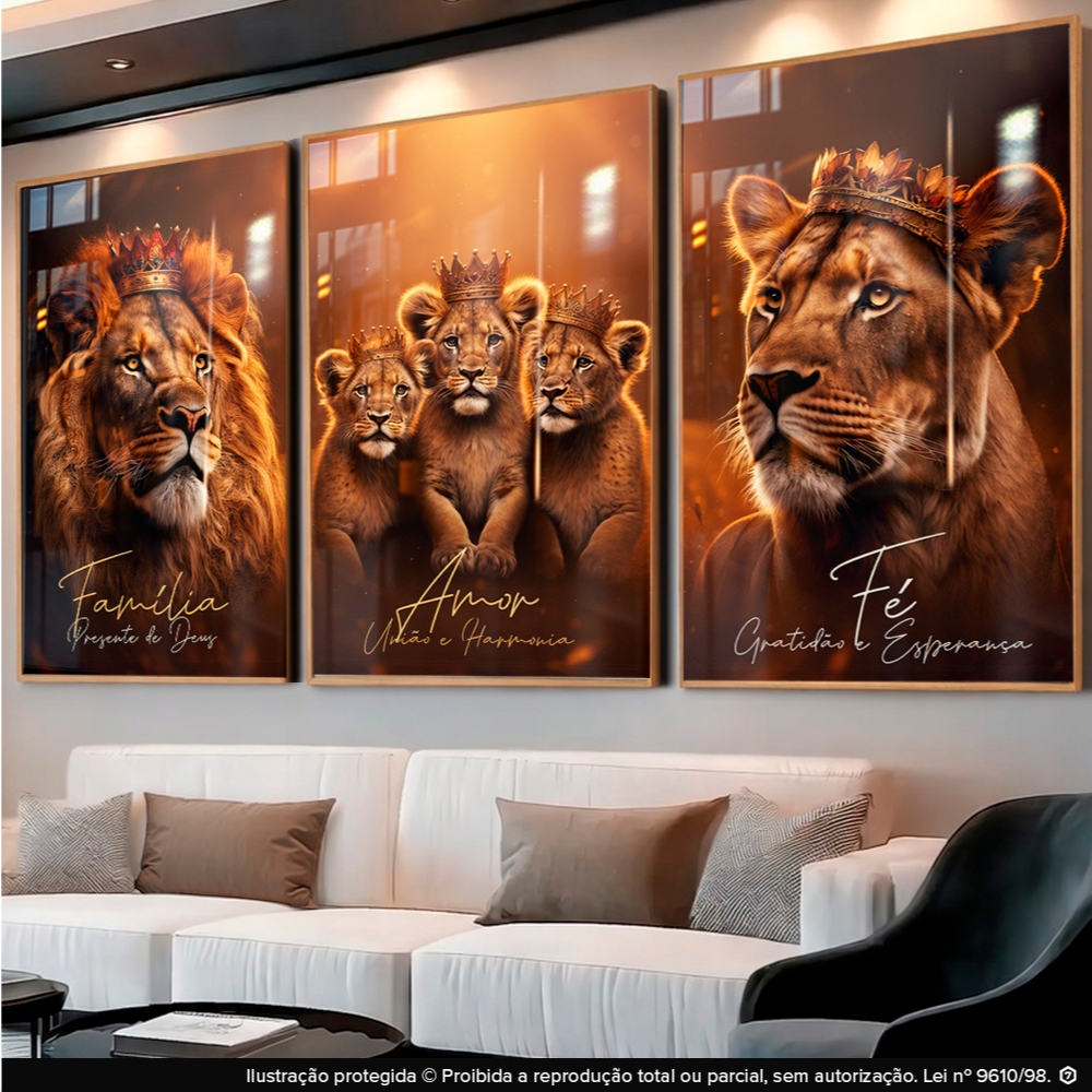 Quadros Decorativos Kit Família Leão Rei Príncipes Leoa Marrom Café Sala
