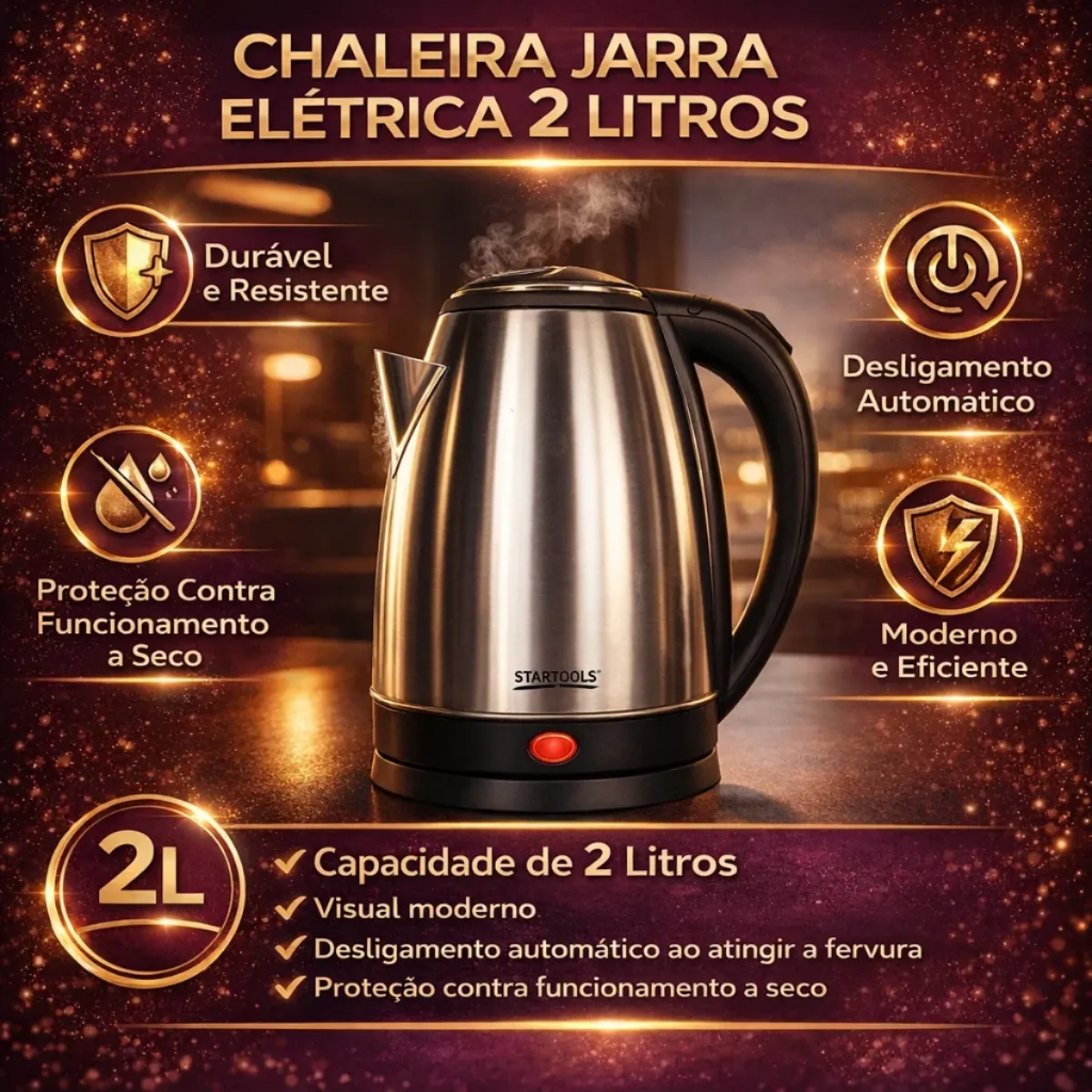 Chaleira Elétrica Inox Capacidade 2 Litros Alta Potência 220v Aquecimento Rápido Design Moderno