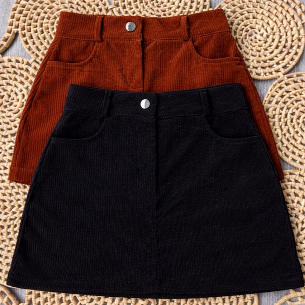 Saia cotelê Feminina Suede Cintura Alta Veludo com Bolsos