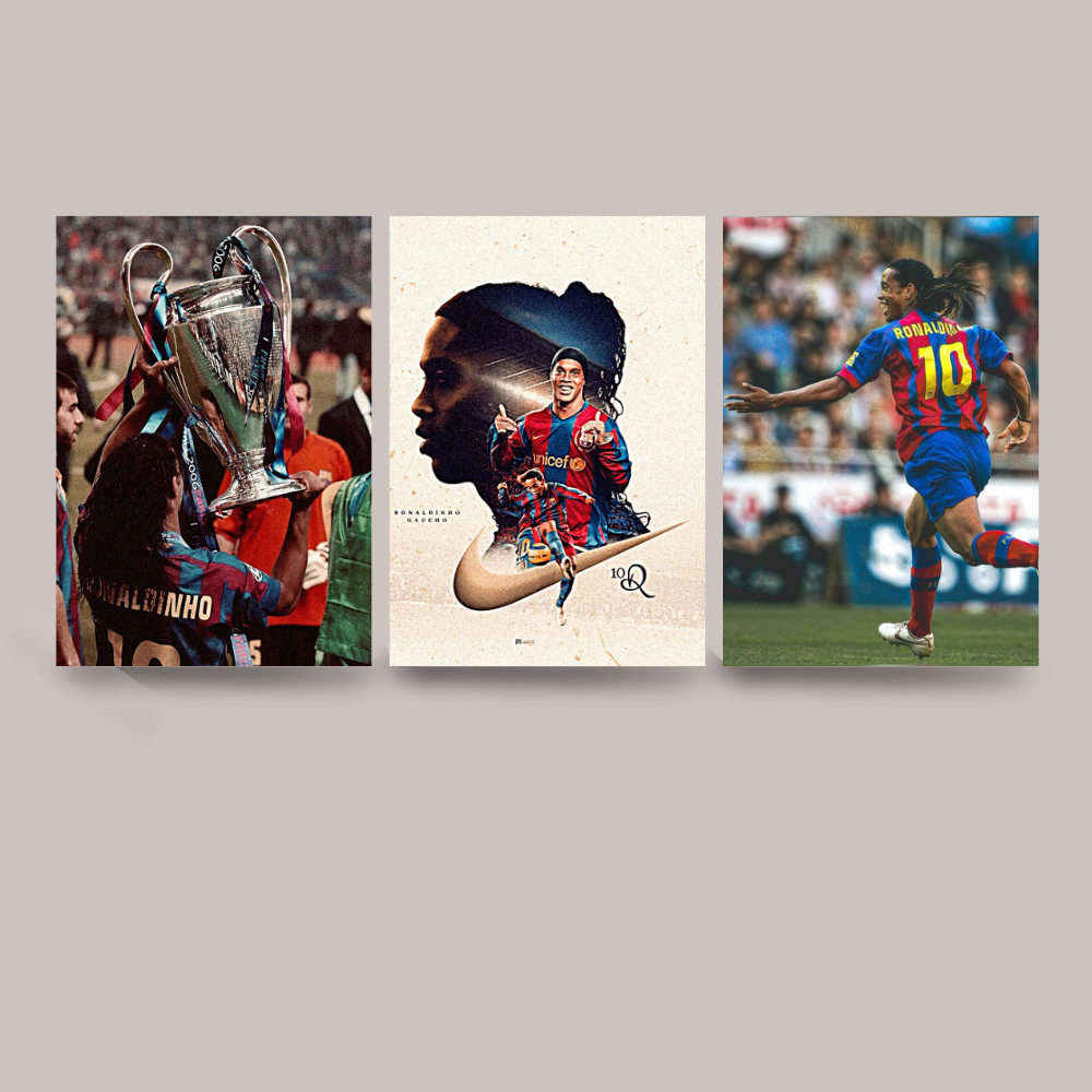 Kit Quadros Decorativos 3 Peças Ronaldinho Gaúcho Barcelona Camp Nou Ballon dOr 2005 La Liga Bruxo