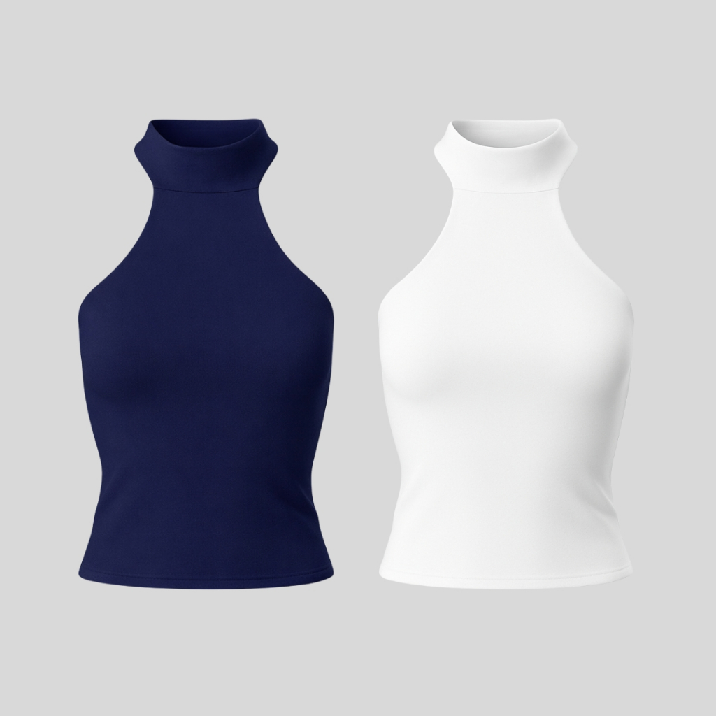 Kit 2 Blusas Femininas Básicas Gola Alta Halter Costas Nuas | Casual e Versátil