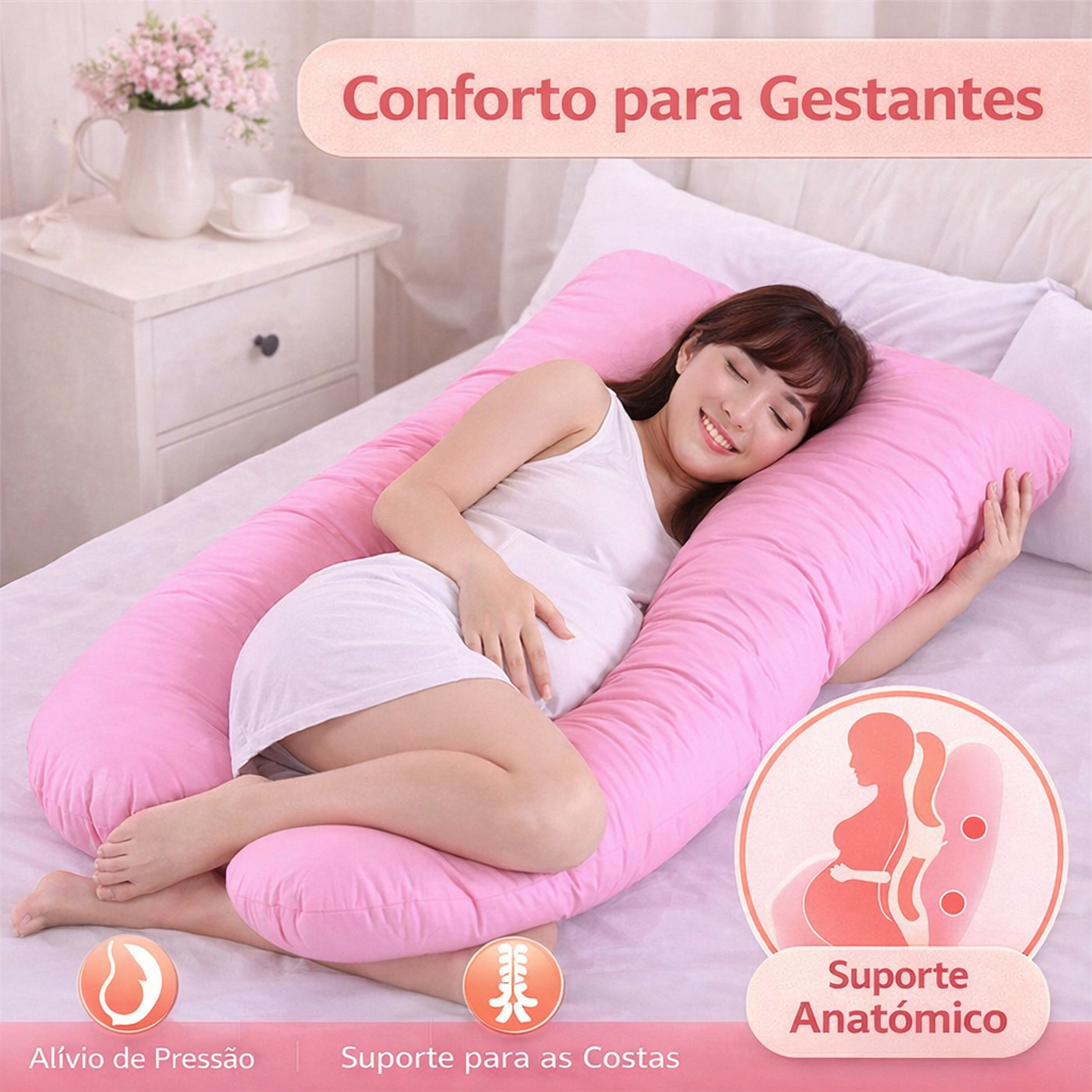Travesseiro para Gestante em U 1,20m Almofada de Gravidez Corpo Inteiro com Fibra de Silicone