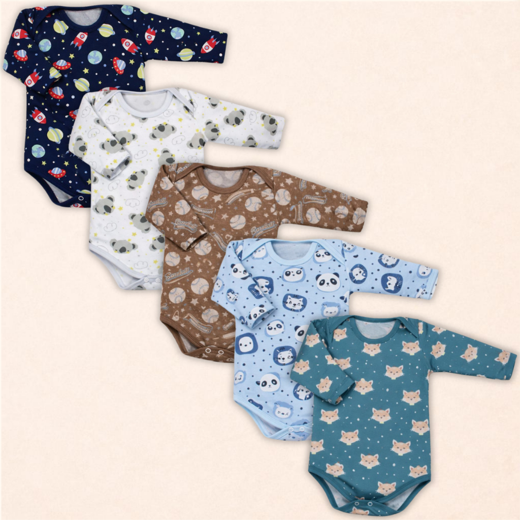Kit 5 Peças Body Bebe M/Longa Estampado 100% Algodão Menino