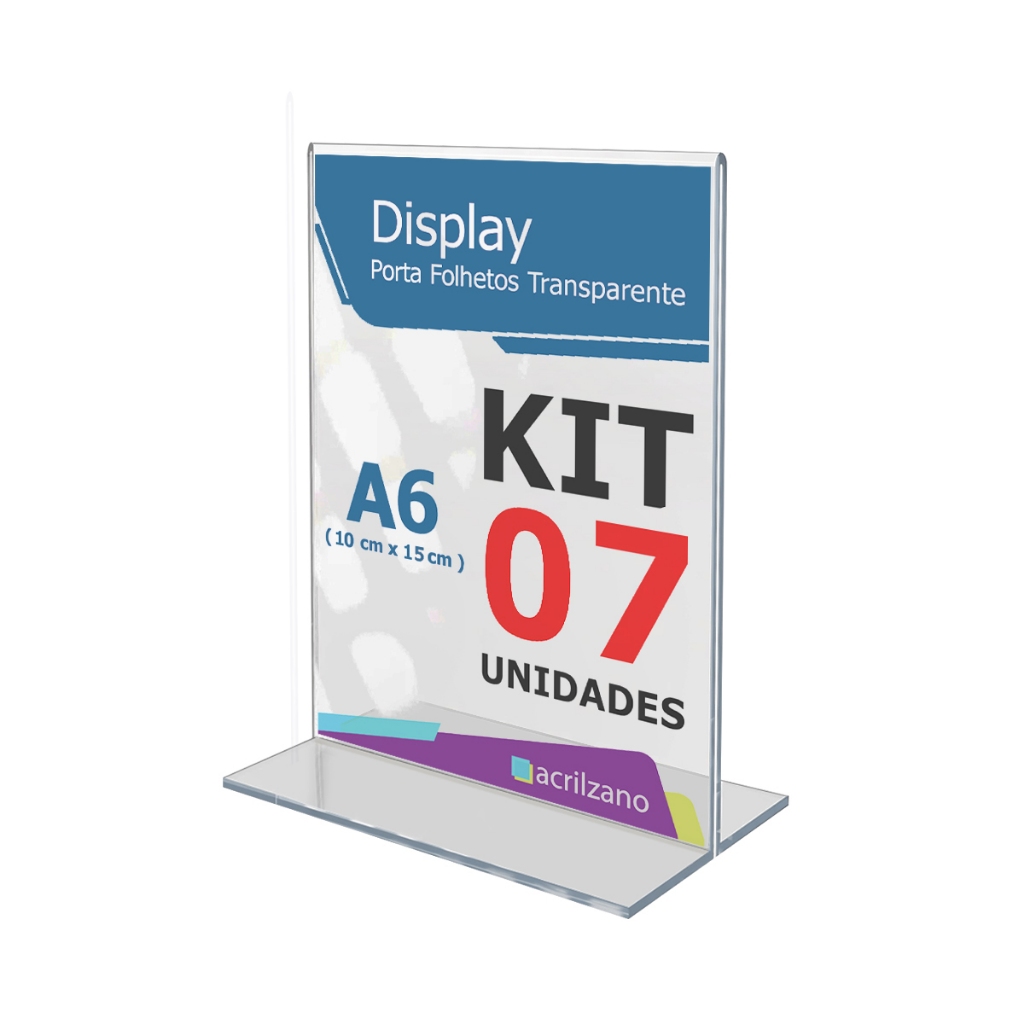 Kit 7 Display A6 10x15cm em Acrílico – Suporte Tipo T para Mesa e Balcão