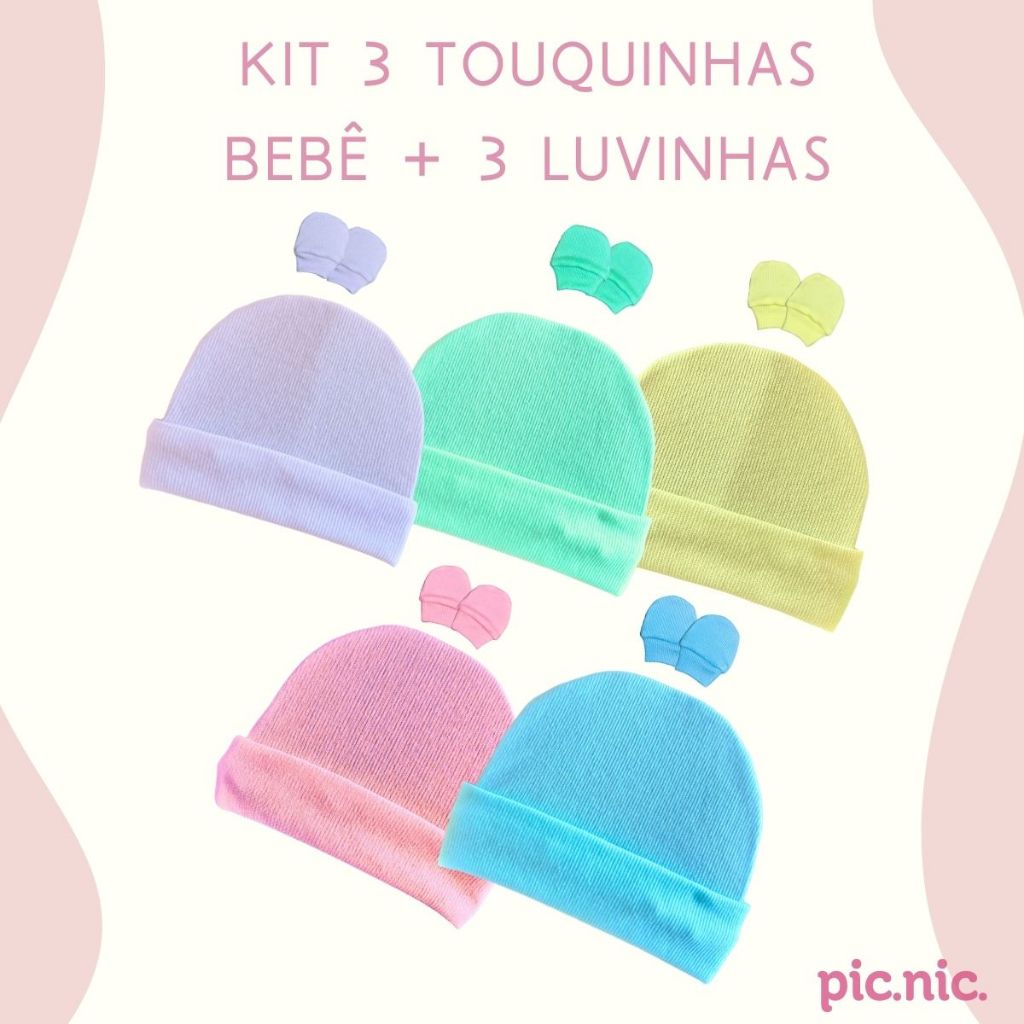 Kit 3 Toucas Com 3 Pares De Luvas Para Bebê Recém Nascido Maternidade Algodão Menino Menina Virada