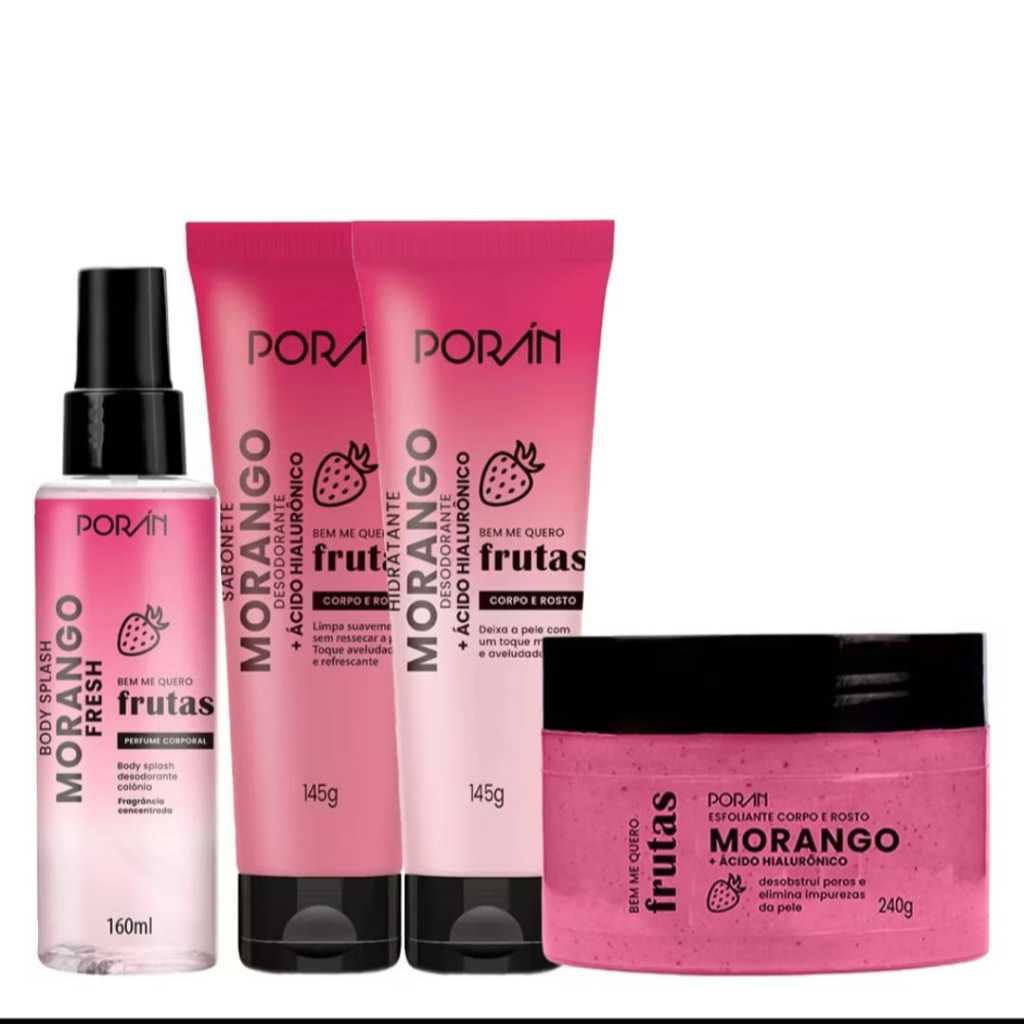 Kit Completo Morango Porán 4 Itens| Hidratante + Esfoliante + Sabonete + Body Splash - Hidratação