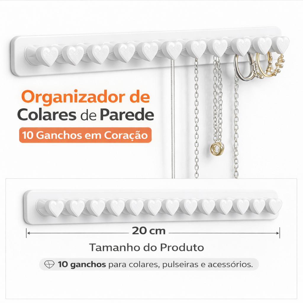 Organizador de Joias para Pendurar Coração de Parede Expositor de Anéis Suporte para Colares e Pulseiras Dupla face
