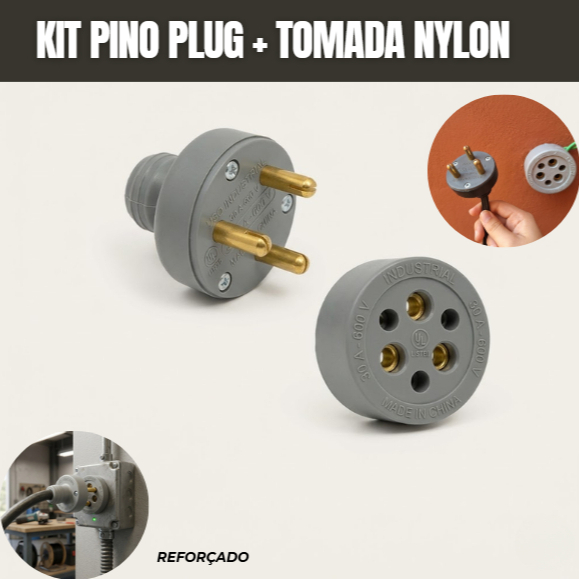 Conjunto Plug e Tomada Industrial 3x 32A 500V Nylon com Fibra Macho e Fêmea