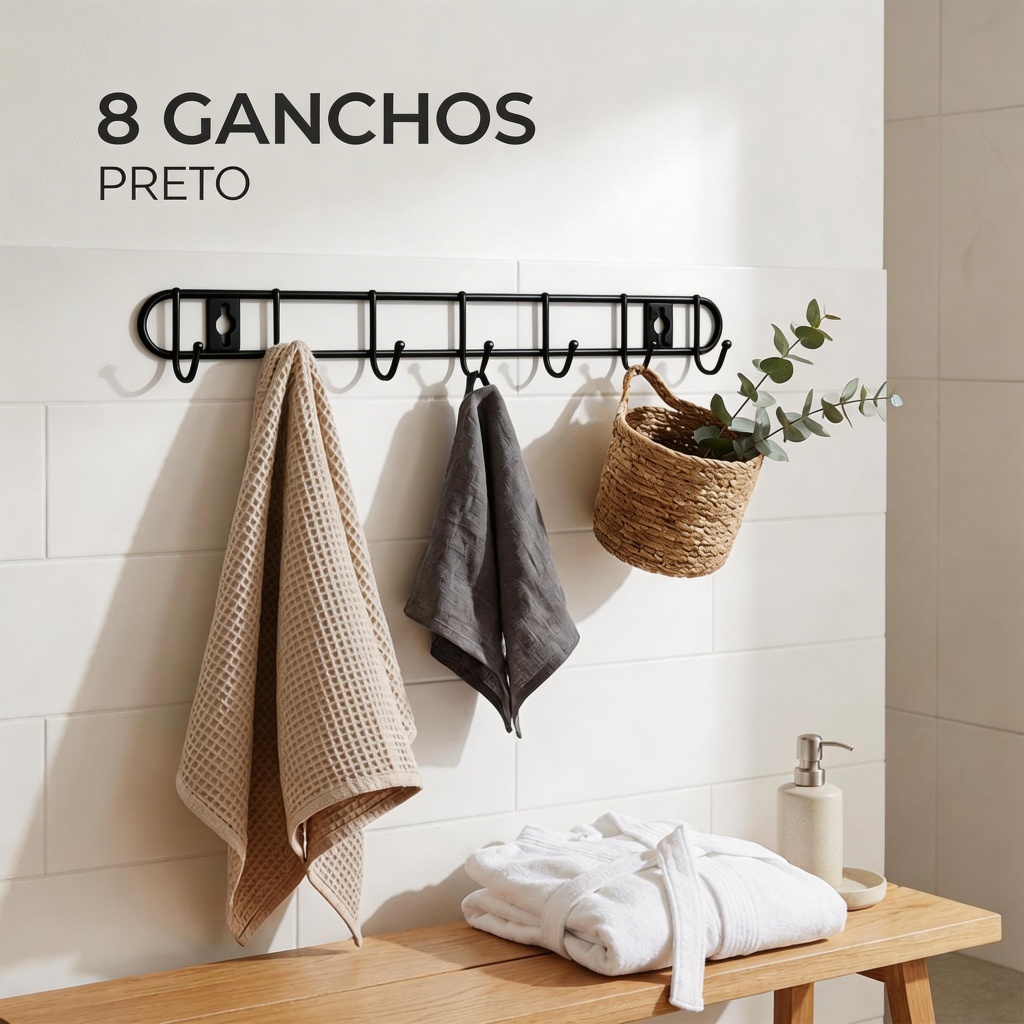 Cabideiro Aramado para Porta ou Parede com 6 ou 8 Ganchos Suporte Organizador Preto ou Cromado