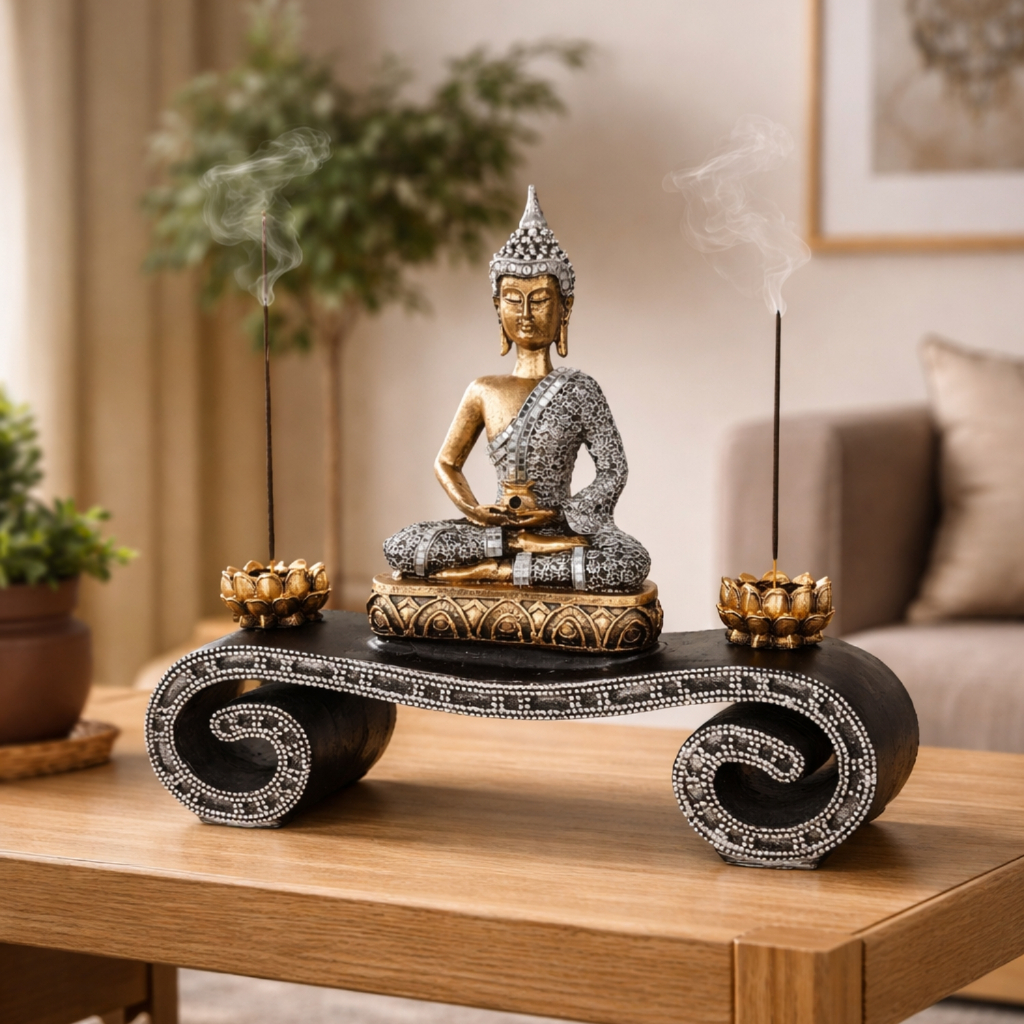 Imagem Estátua Buda Decorativa com Incensário Porta Incenso Zen Resina Luxo Sala Meditação Decoração Espiritual