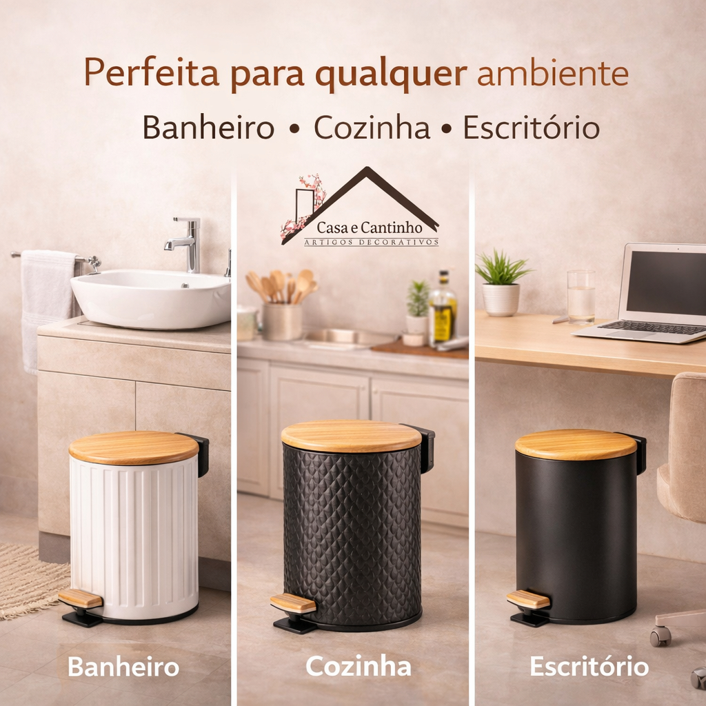 Lixeira Decorativa 5L com Tampa de Bambu Para Banheiro Escritório Cozinha Estilo Moderno em Oferta na Shopee