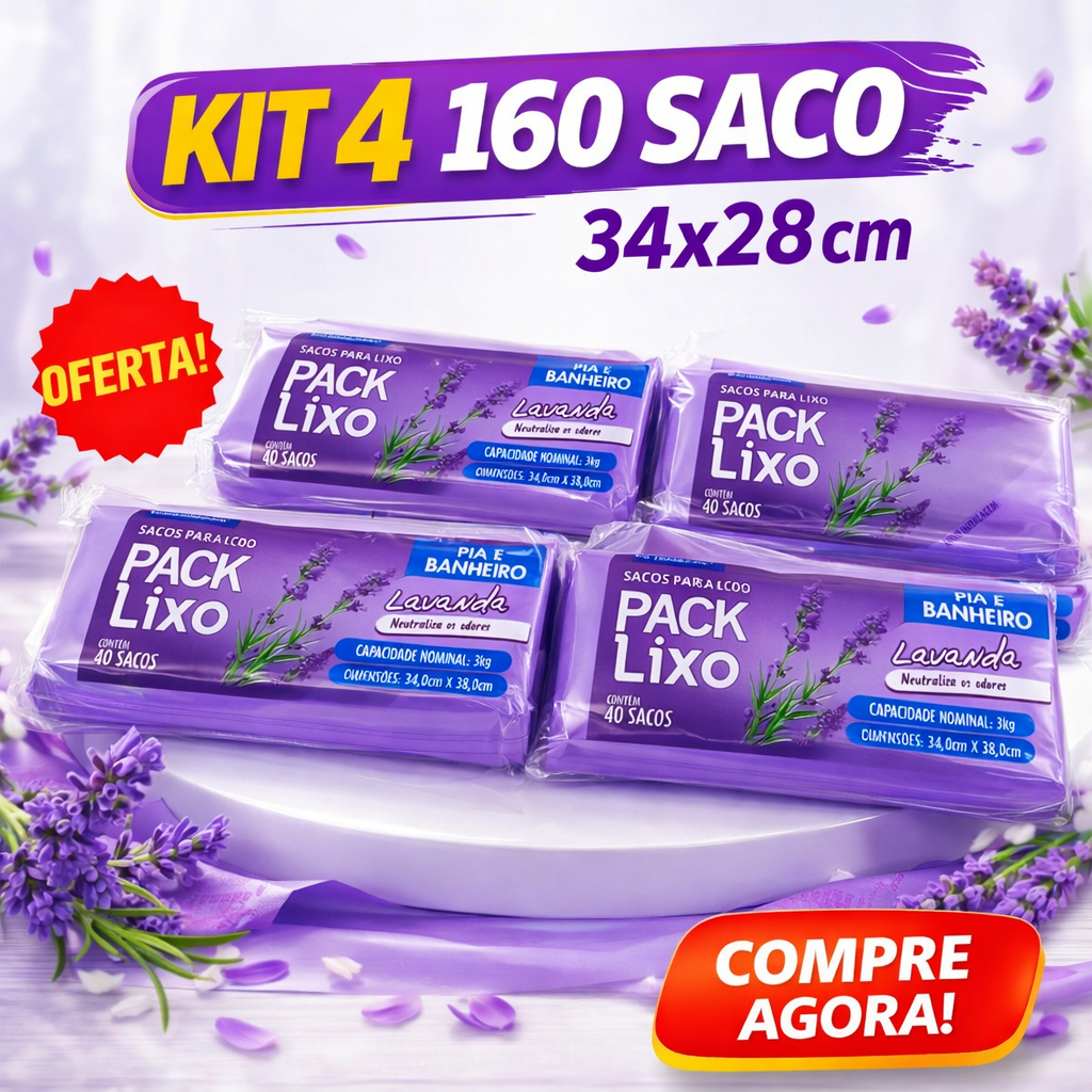 Kit 4 Sacos de Lixo Perfumados Lavanda 160 Sacos Para Pia e Banheiro 34x38cm Neutraliza Odores