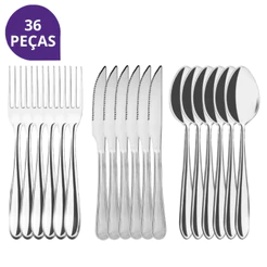Kit Jogo De Talheres 36 Peças: 12 Garfos, 12 Colheres e 12 Facas Aço Inox