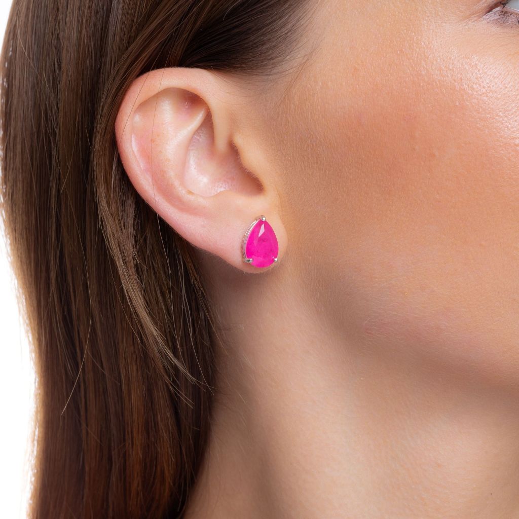Brinco Gota 9*13 Rosa Pink ou Turmalina Verde Banhado a Ródio Branco Ródio Negro ou Ouro 18k Feminino Semi Joias
