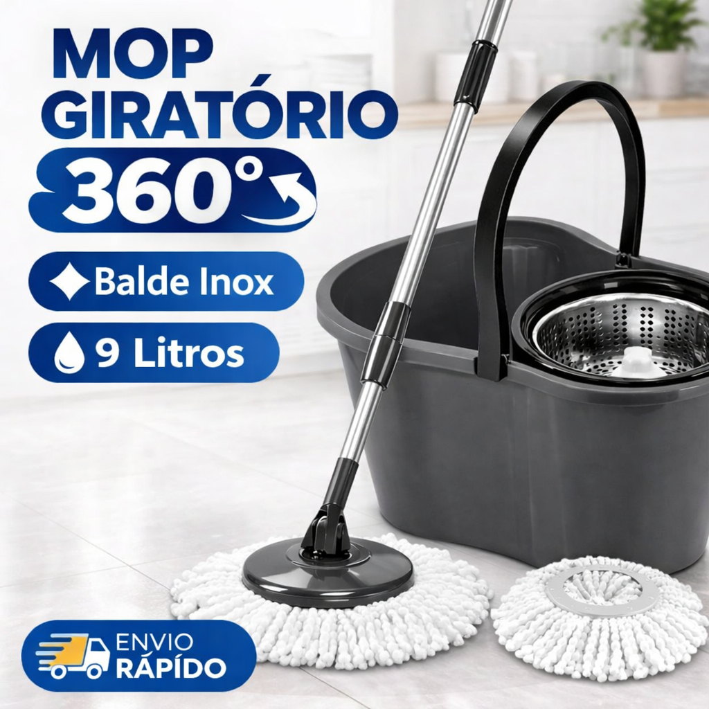 Mop Giratório Inox 360° Esfregão com Balde Centrífuga 9 Litros Cabo Ajustável Refil Microfibra