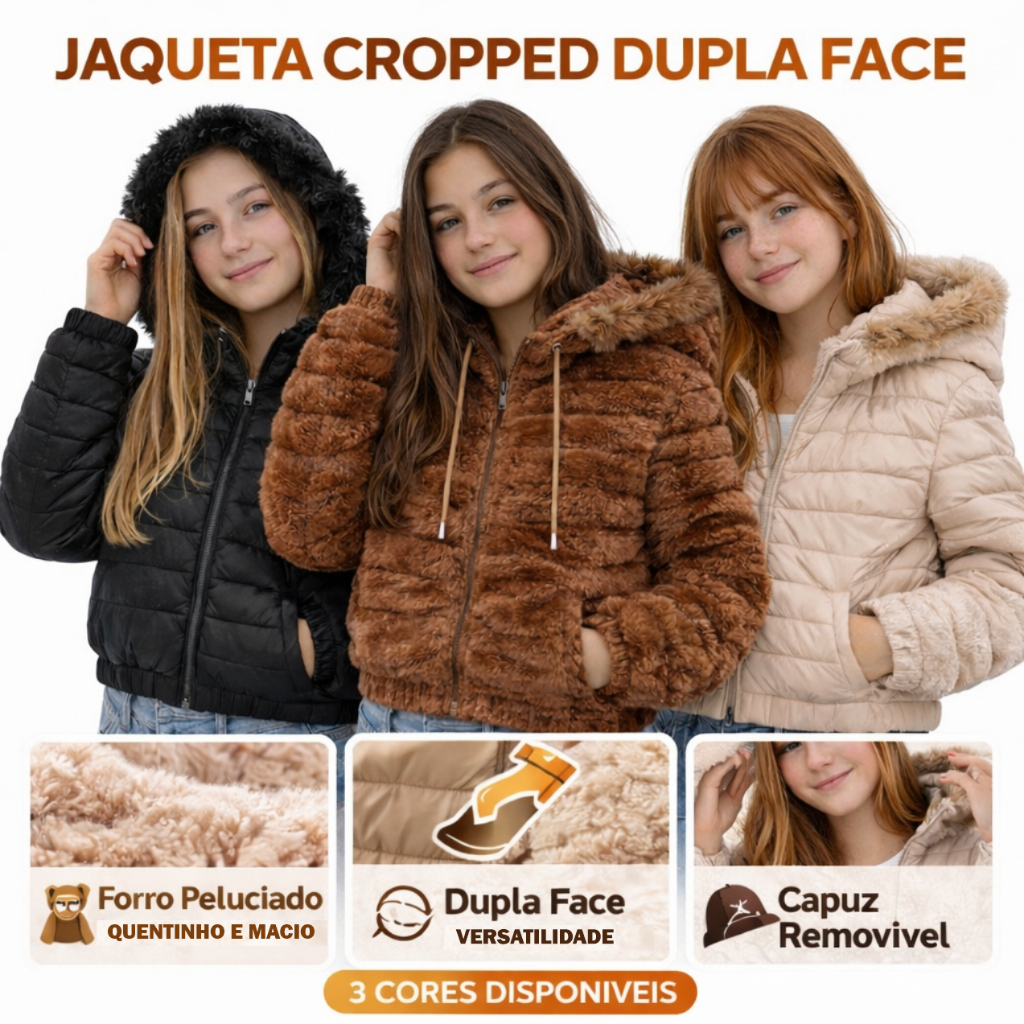 Jaqueta Cropped Dupla face Puffer Juvenil Forrada Pelucia Capuz Removivel Bobojaco Inverno Frio 6/16