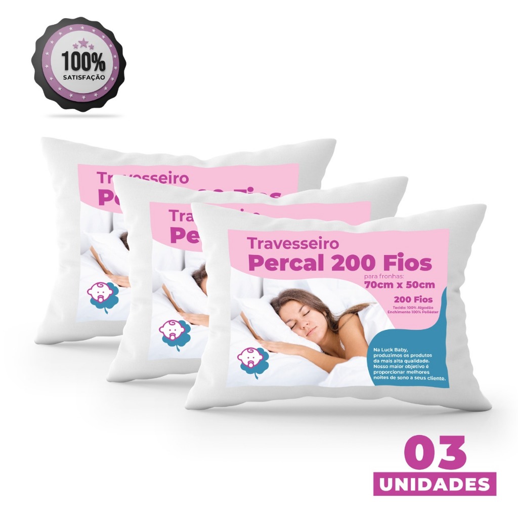 KIT 3 TRAVESSEIRO PERCAL 200 FIOS / 70 x 50 - 450g/unidade