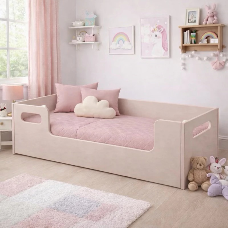 Cama Infantil Encanto Montessoriana Com Colchão Em MDF Com Grades – Para Quarto Menino/Menina