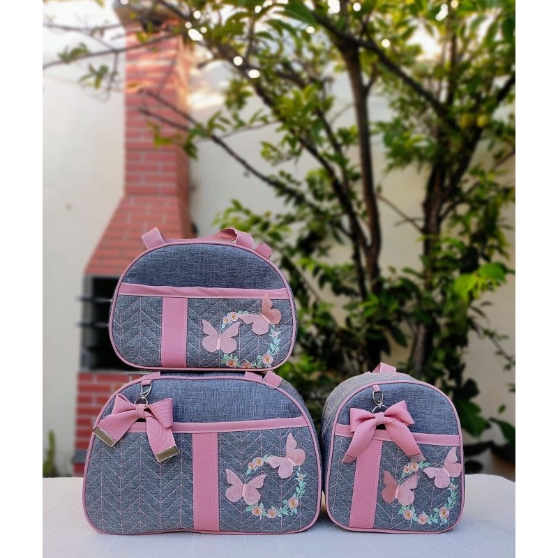 super kit Bolsa Maternidade jeans linho luxo borboleta safari urso menino e menina