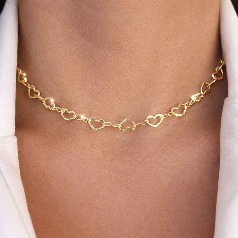 Colar Choker Elo Coração Ouro 18K Gargantilha Feminina Delicada Ajustável