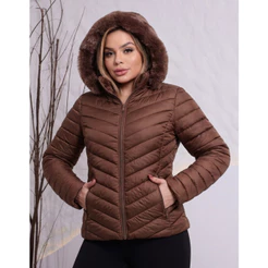 Jaqueta Puffer Feminina Forrada Touca Removível Com Pelinho Inverno Estilosa Frio
