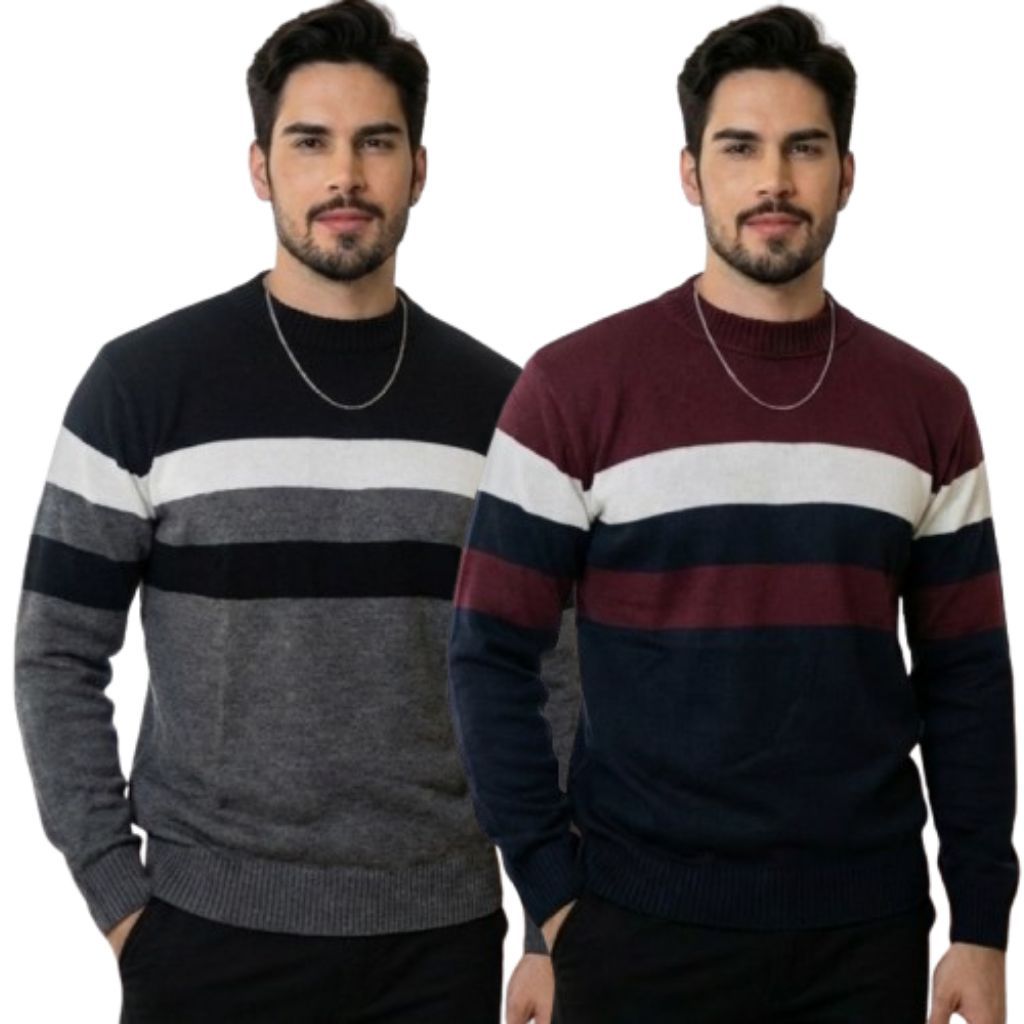 Kit 2 Blusa Masculina Manga Longa Gola Redonda Suéter Tricot Listrado Inverno Casual em Oferta na Shopee