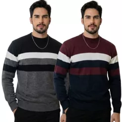 Kit 2 Blusa Masculina Manga Longa Gola Redonda Suéter Tricot Listrado Inverno Casual