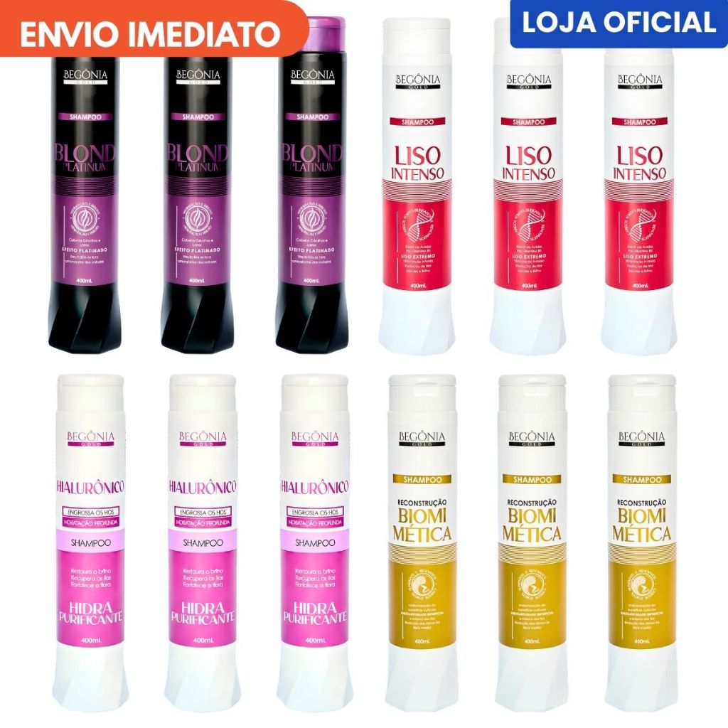 Kit 12 Shampoo 400ml Begônia Gold Mix Linhas Tratamento Cabelo