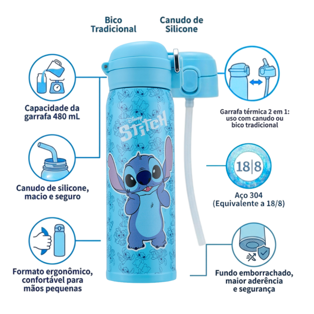 Garrafa de Água Térmica Squeeze Stitch 480ml Resistente Escola Passeio Disney · foto 2