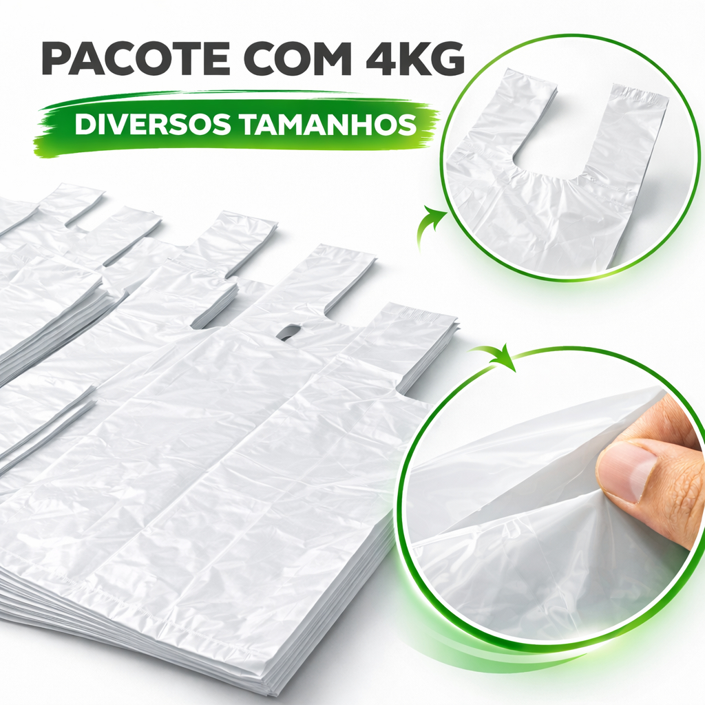 Sacola Plástica Branca Reforçada Pacote 4KG Vários Tamanhos Alta Resistência Mercado Loja