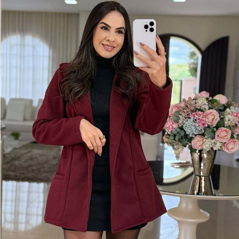 Casaco feminino Lã batida Elegante Tendência Inverno