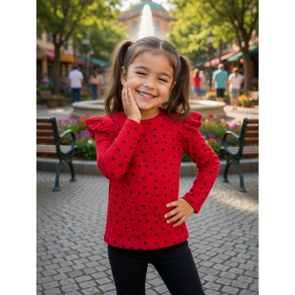 Blusa Feminina Infantil Coração Com Ombro Franzido e Manga Longa Ribana Confortavel Premium