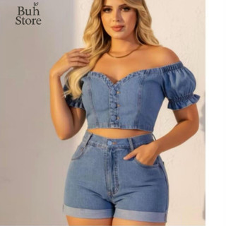 Conjunto Jeans Feminino Cropped + Short Cintura Alta | Look Feminino Jeans Verão | Buh Store Oficial