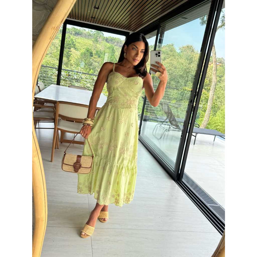 Vestido Midi Femenino  De Alça estilo corselete em tecido Lesse Bordado 100%  Algodão em Oferta na Shopee
