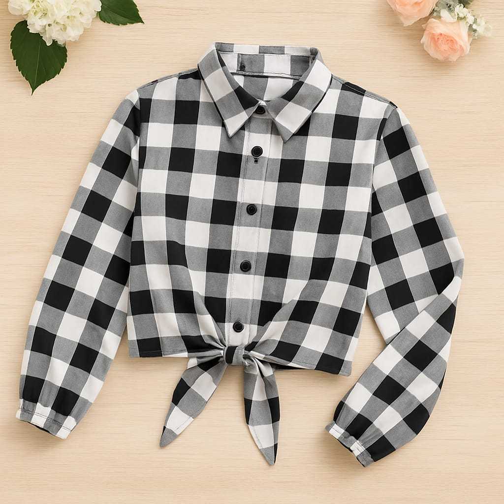 Camisa Curta Infantil e Juvenil para Meninas e Adolescentes Blusa Manga Longa Xadrez com Gola e Botões (BINF526)