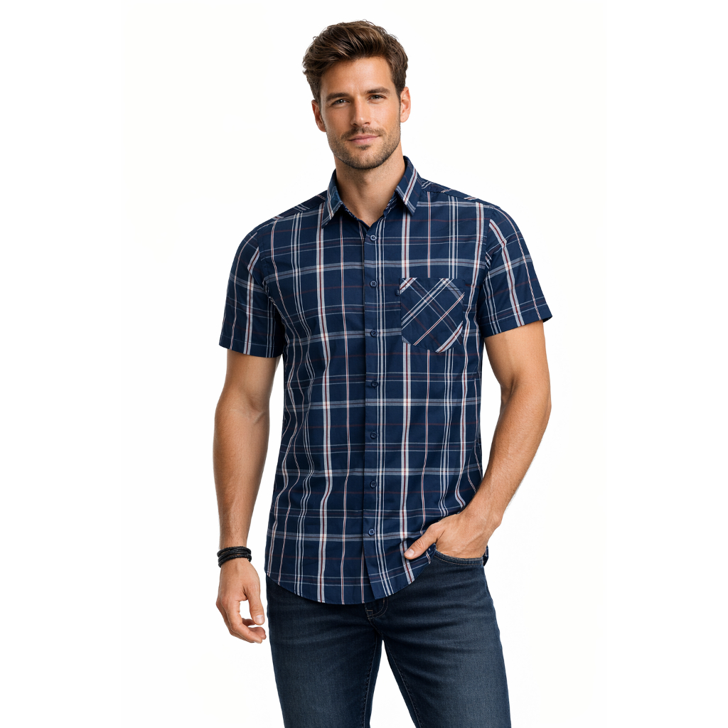 Camisa Masculina LBL Manga Curta Xadrez Com Bolso Comfort