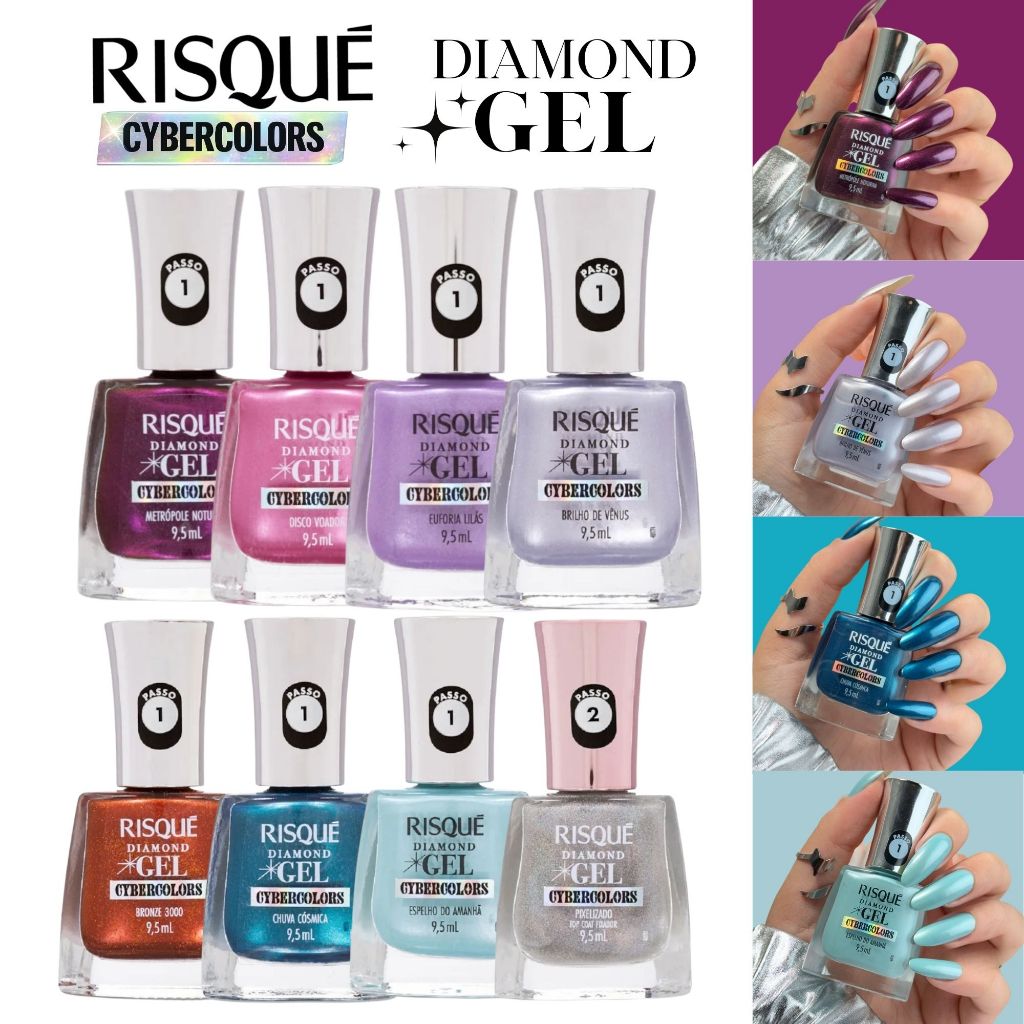 Kit Esmaltes Risqué Diamond Gel Cybercolors Efeito Metalizado + Top Coat Pixelizado Efeito Gel