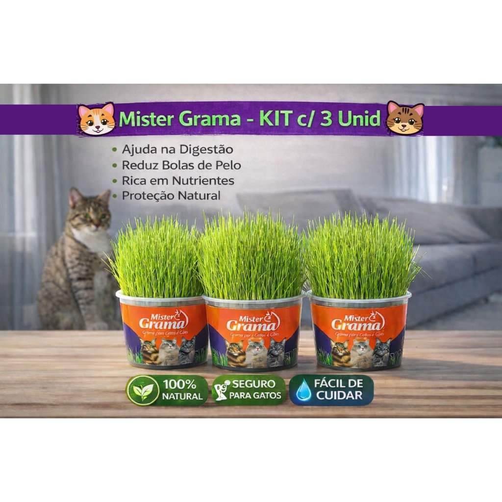 Graminha para Gatos Mister Grama Kit c/ 3 | Auxilia Digestão e Reduz Bolas de Pelo | 100% Natural