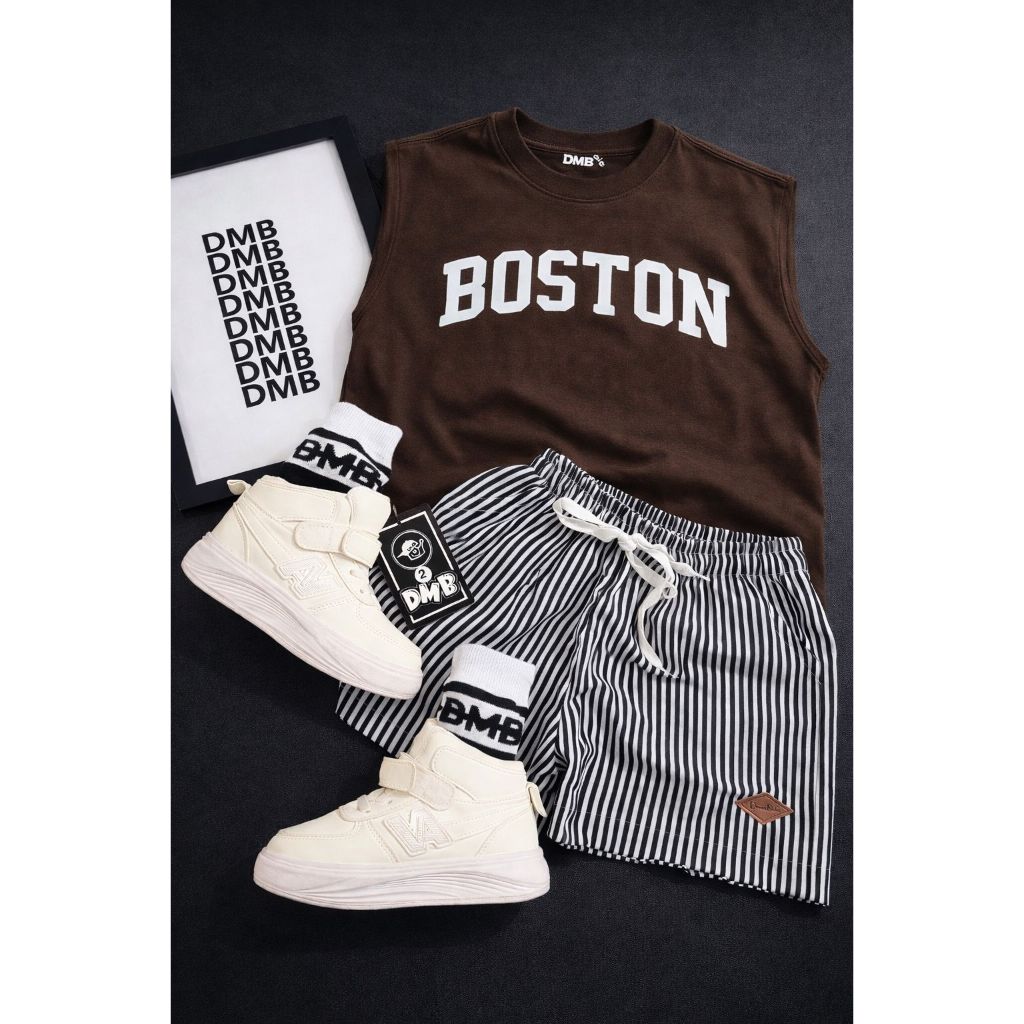 conjunto infantil menino shorts e regata 2 pcs,blogueirinho  | CONJUNTO regata marrom bostom+berm listras/escur-2pçs