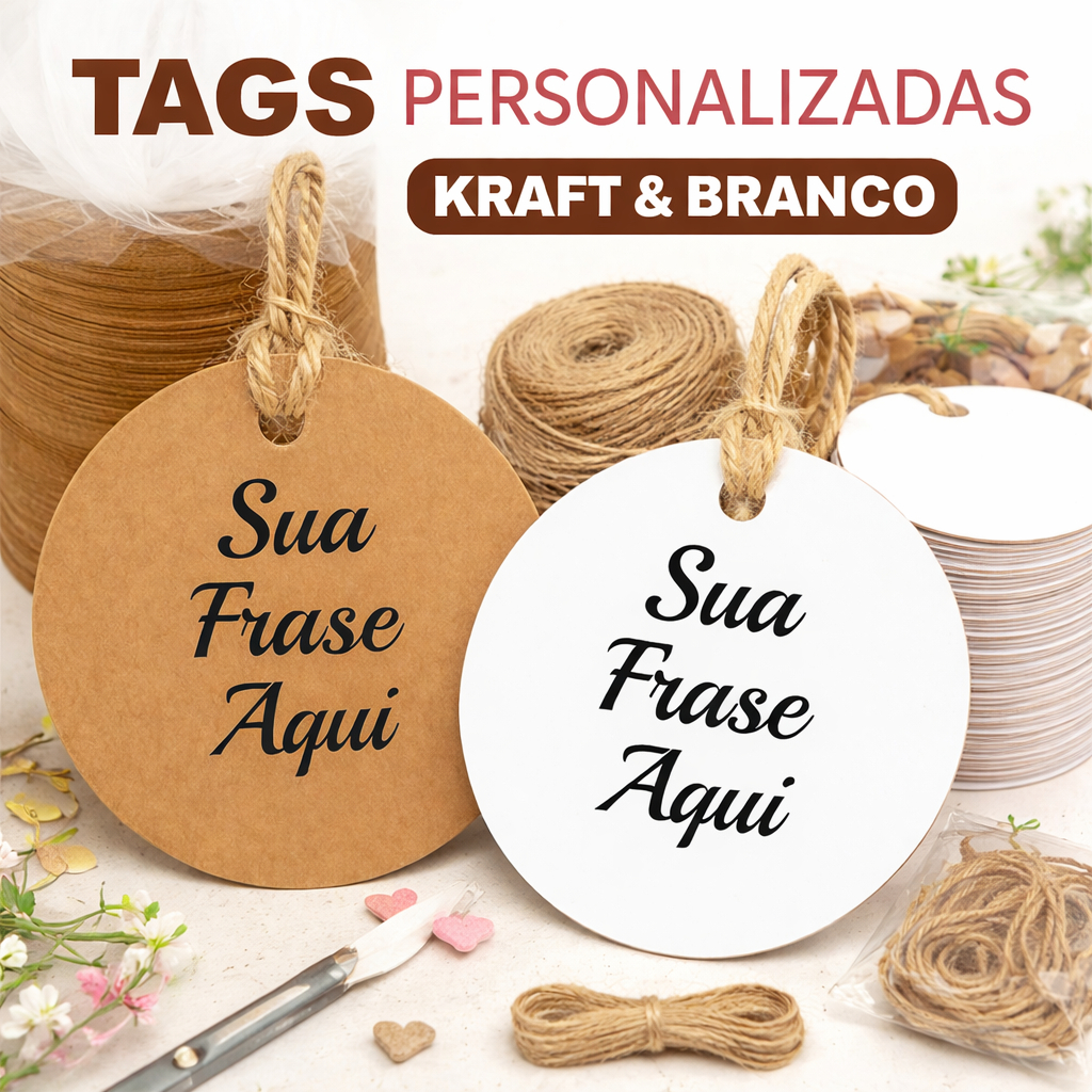 Tag de Papel Kraft ou Branco Personalizada Sua Frase + Fio de Sisal Lembrancinhas, Nome ou Data